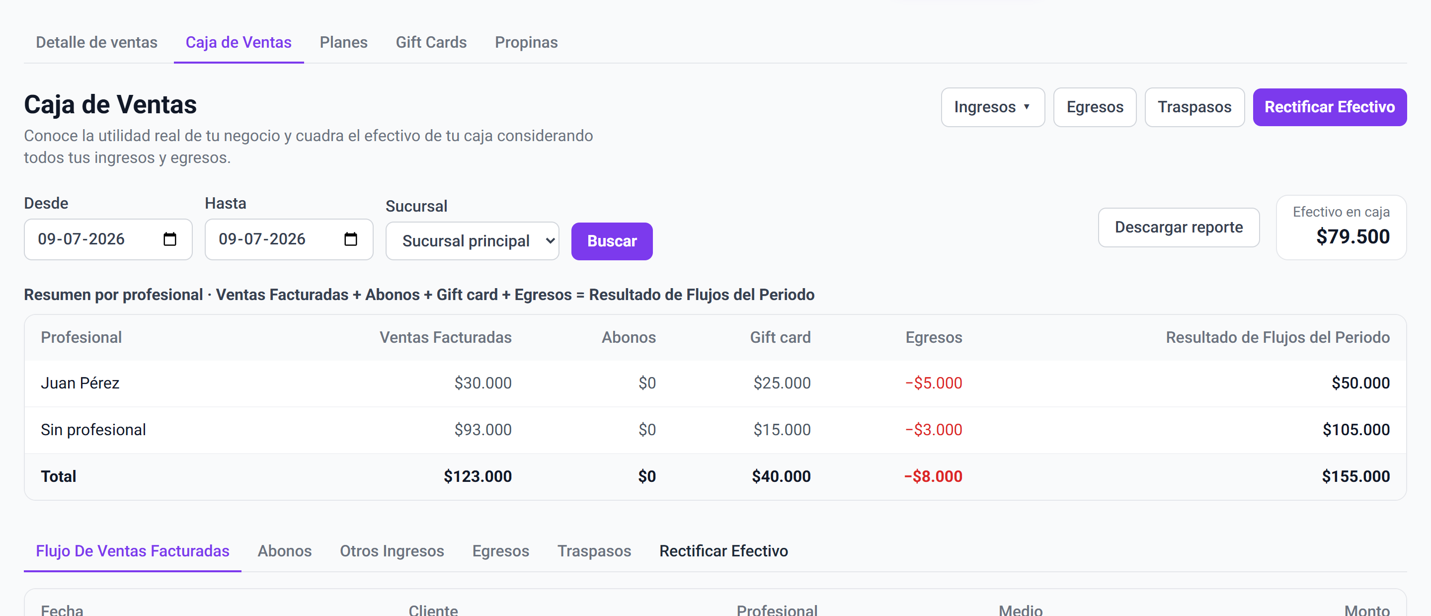 Caja de ventas de Reservia con resumen por profesional y efectivo en caja